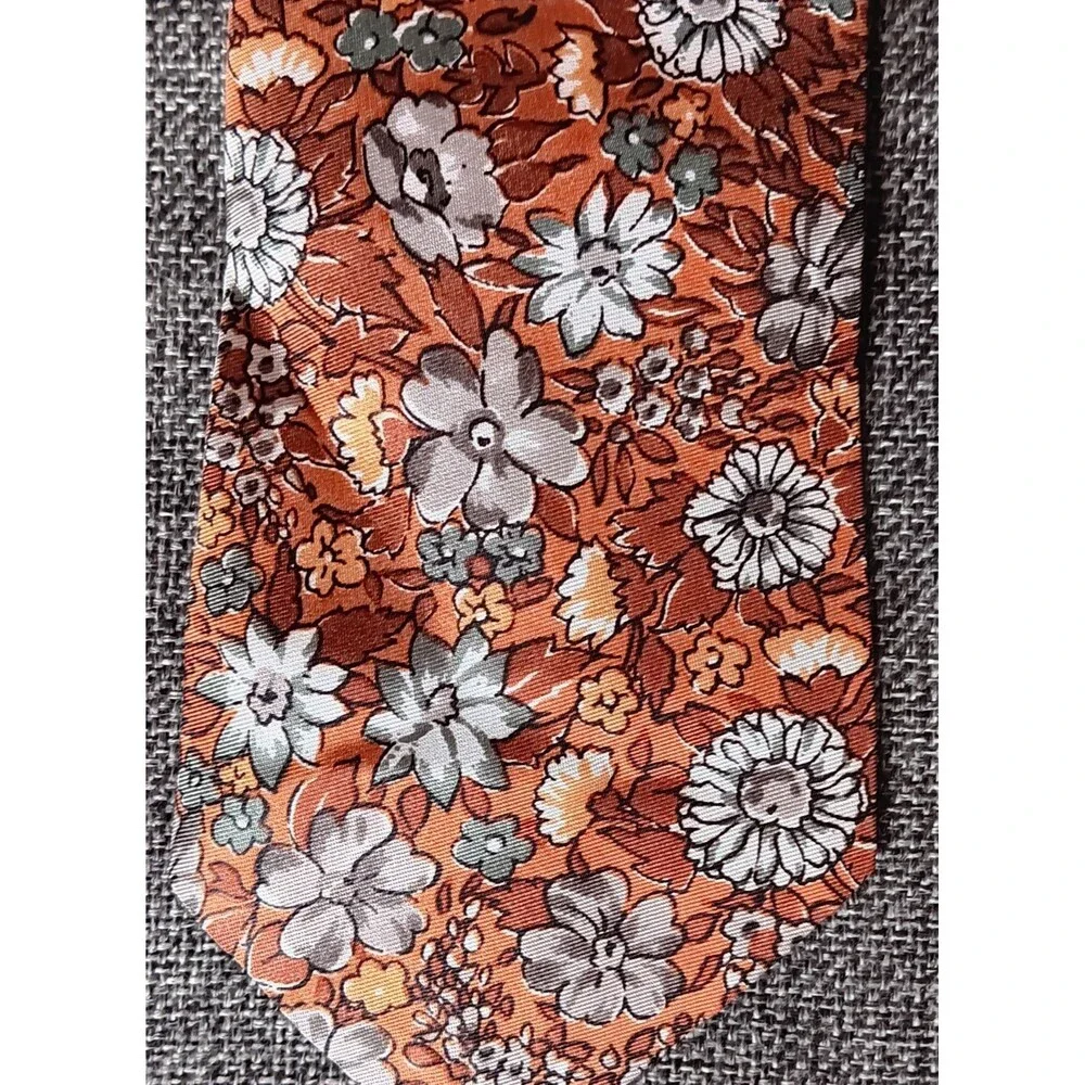 Tie 70s 80s 90s Y2K Mens Alessio Silk Brown Gray Floral 3.75 Wide 54 Long